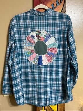 Woman Within Teal Plaid Flannel with Applied Quilt